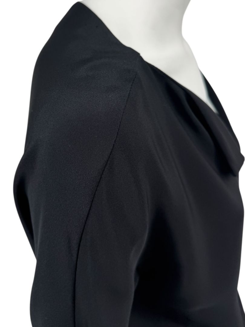 Pamella Roland Black Drape-Front Long Sleeve Belted Mini Dress – Large