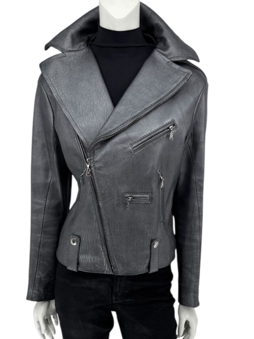 Louis Vuitton Metallic Grey Lambskin Moto Jacket – Size FR 40 (US 8)