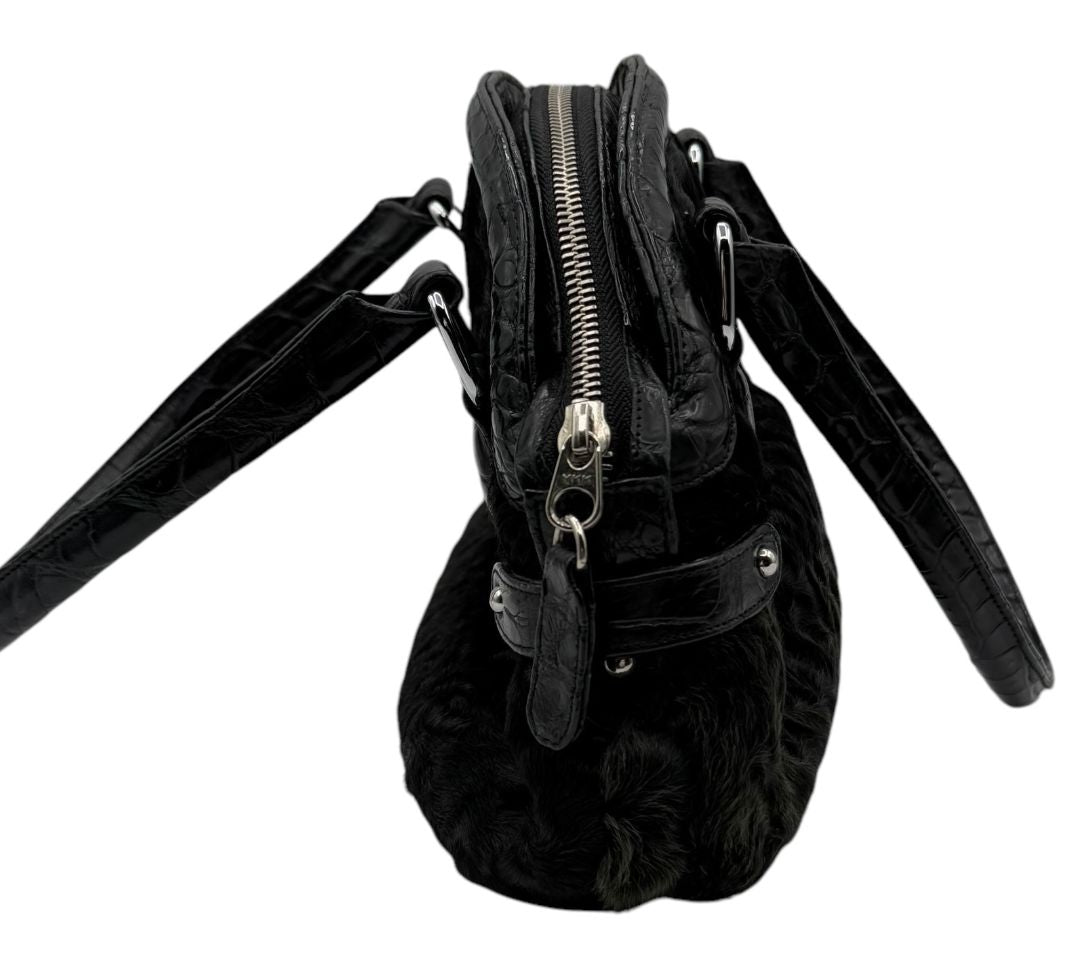 Darby Scott x Dennis Basso Black Faux Fur & Embossed Leather Satchel – Very Good Preowned Condition