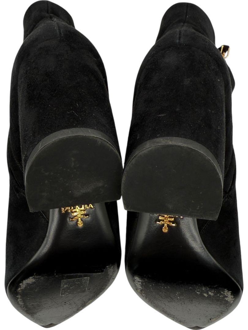 Prada Black Suede Pointed-Toe Booties – Size 39