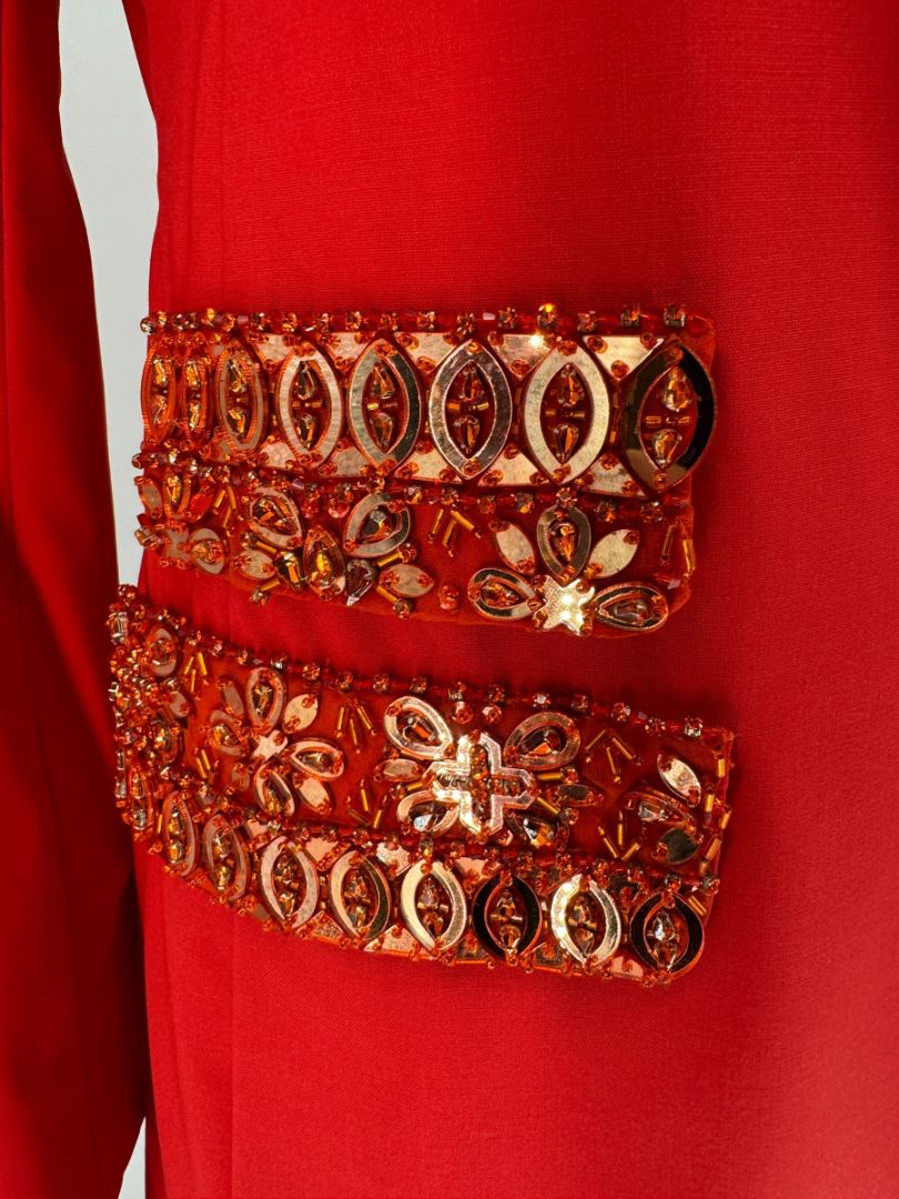Pamella Roland Red Crystal Embellished Pocket Pant Suit – Large