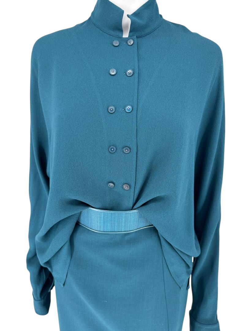Akris Teal Double-Breasted Blouse & Skirt Set – Size 6 Top / Size 10 Skirt