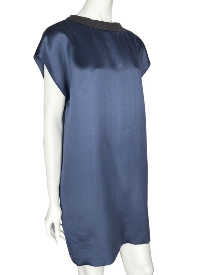 NWT Brunello Cucinelli Navy Silk Shift Dress with Contrast Trim – Size XL