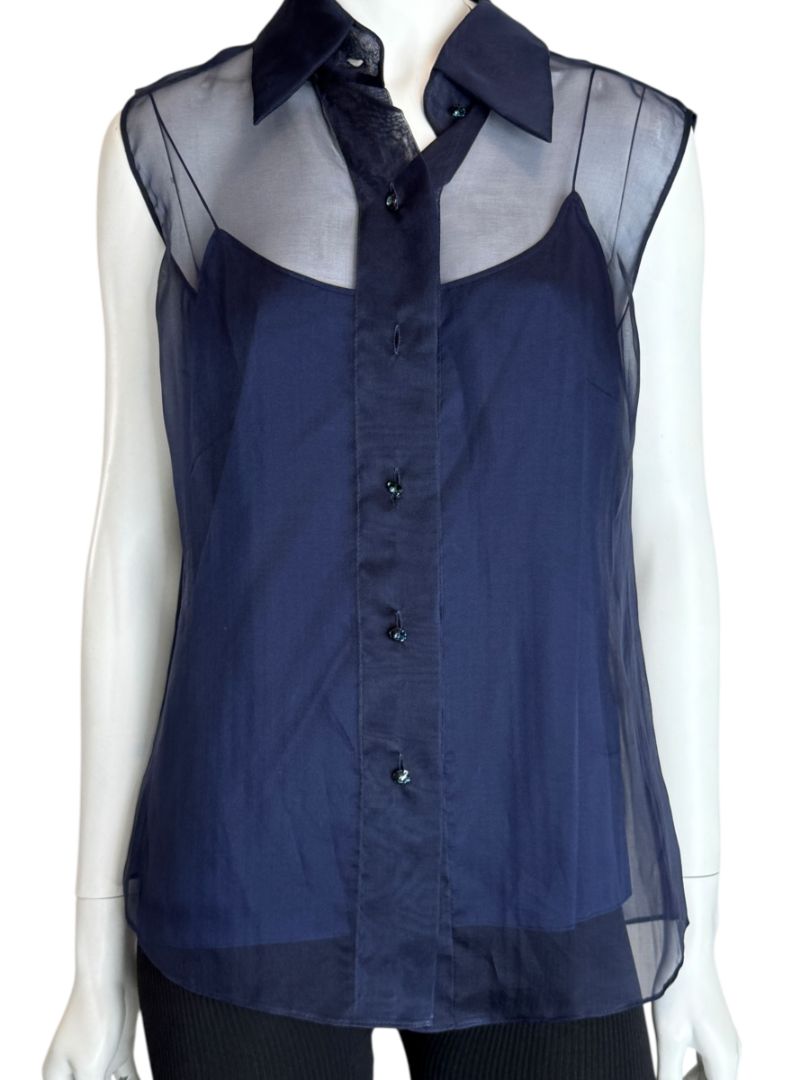 Pamella Roland Navy Organza Sleeveless Blouse with Jewel Buttons - Large