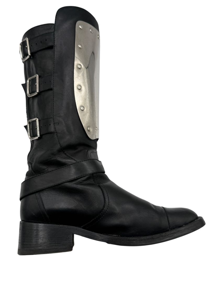 Chanel Black Leather Moto Boots with Silver Armor Plate – Size 40.5