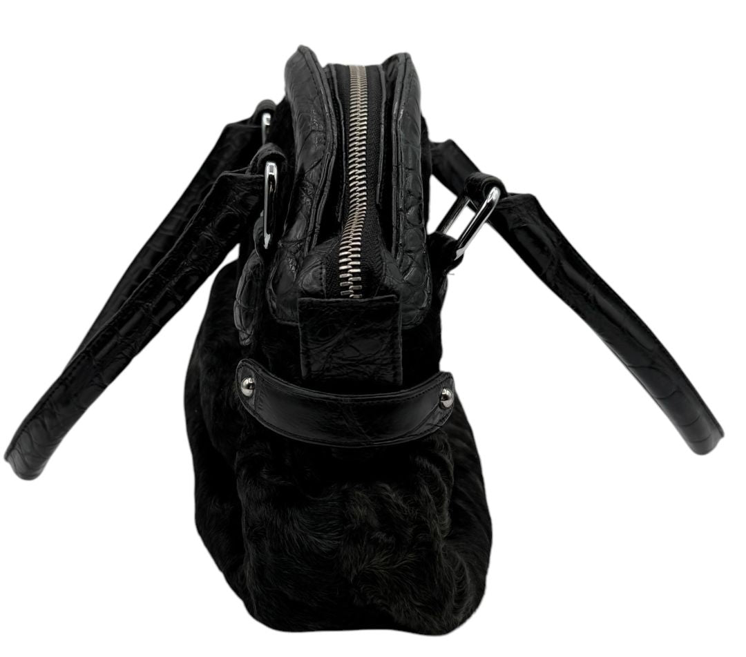 Darby Scott x Dennis Basso Black Faux Fur & Embossed Leather Satchel – Very Good Preowned Condition