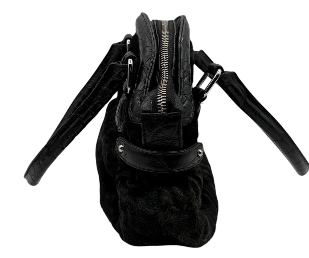 Darby Scott x Dennis Basso Black Faux Fur & Embossed Leather Satchel – Very Good Preowned Condition