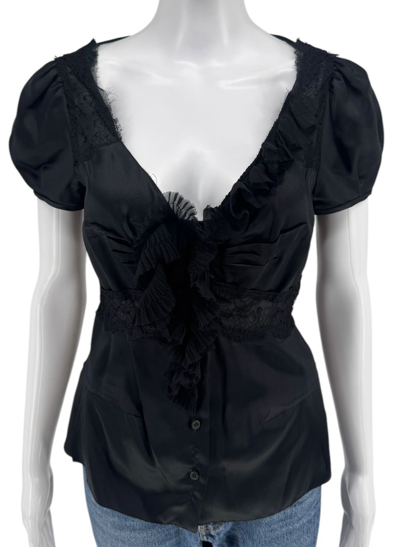 Prada Black Silk Lace Trim Ruffle Blouse – New with Tags – IT 40 / US 4