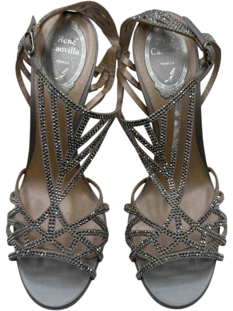 René Caovilla Silver Crystal-Embellished Sandals – Size 39