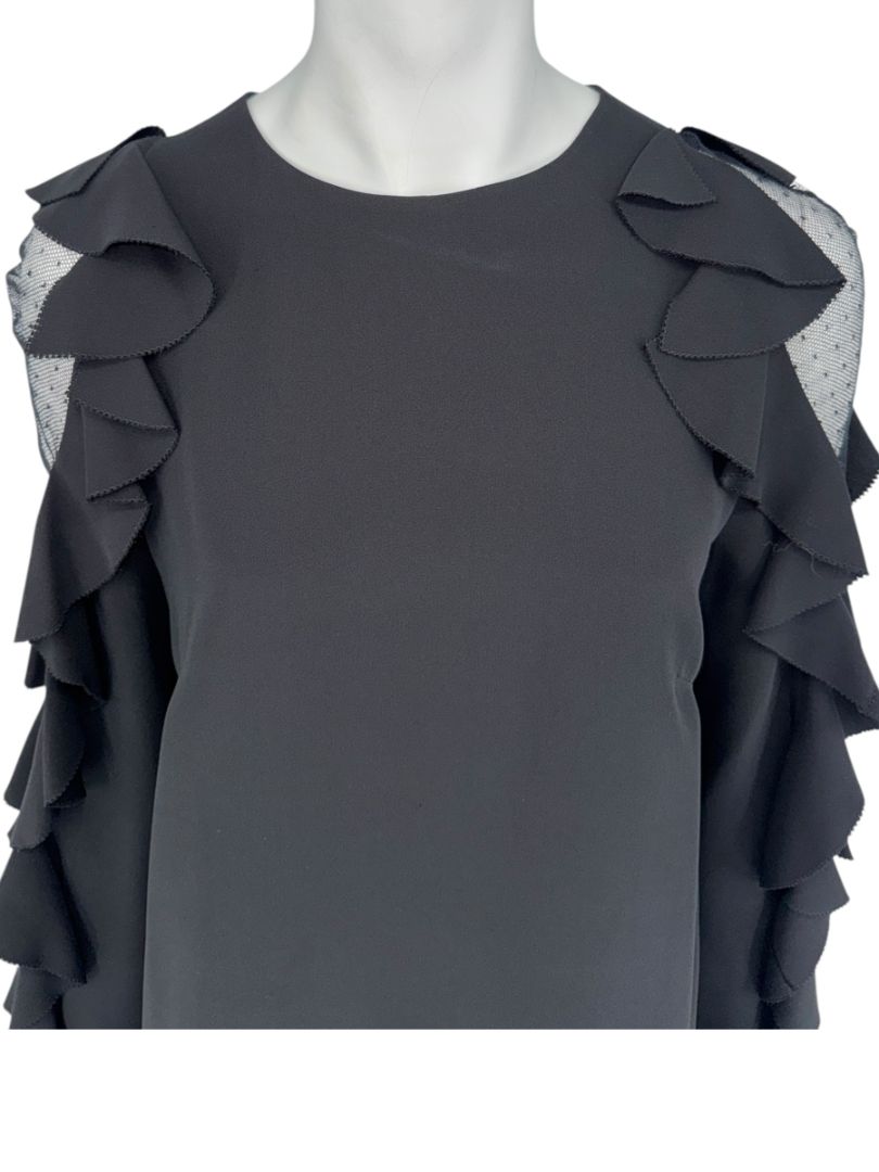 Valentino Black Long Sleeve Ruffle Mini Dress with Point d'Esprit Inset – Size US 10 / IT 46