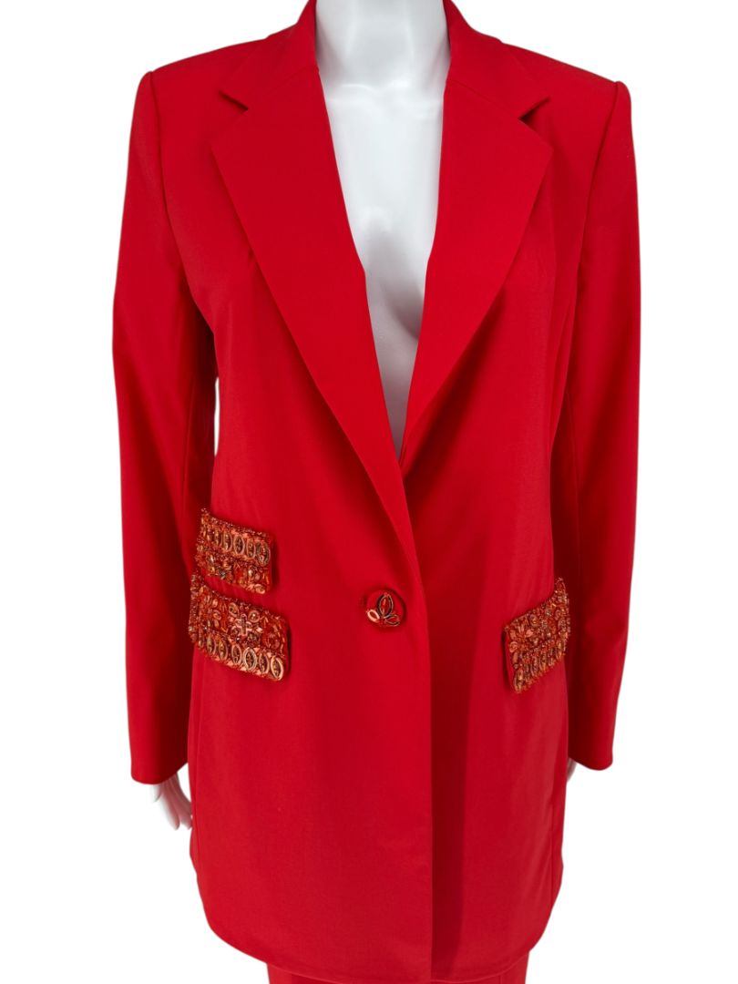 Pamella Roland Red Crystal Embellished Pocket Pant Suit – Large