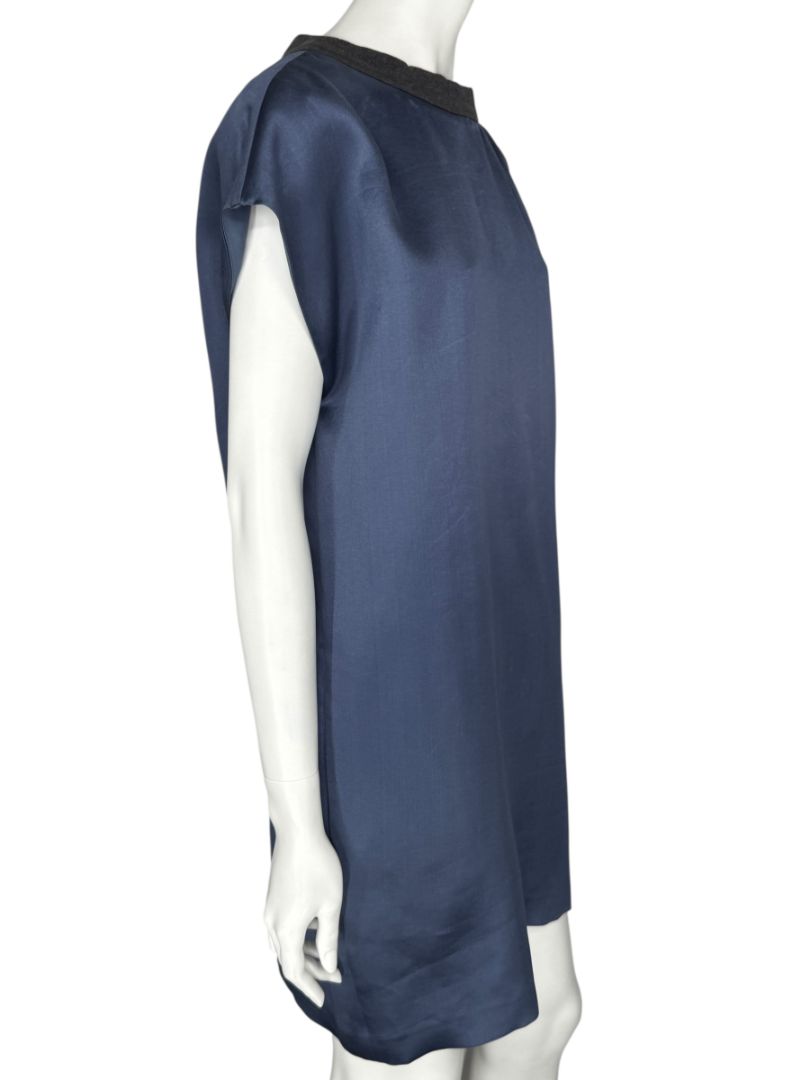 NWT Brunello Cucinelli Navy Silk Shift Dress with Contrast Trim – Size XL