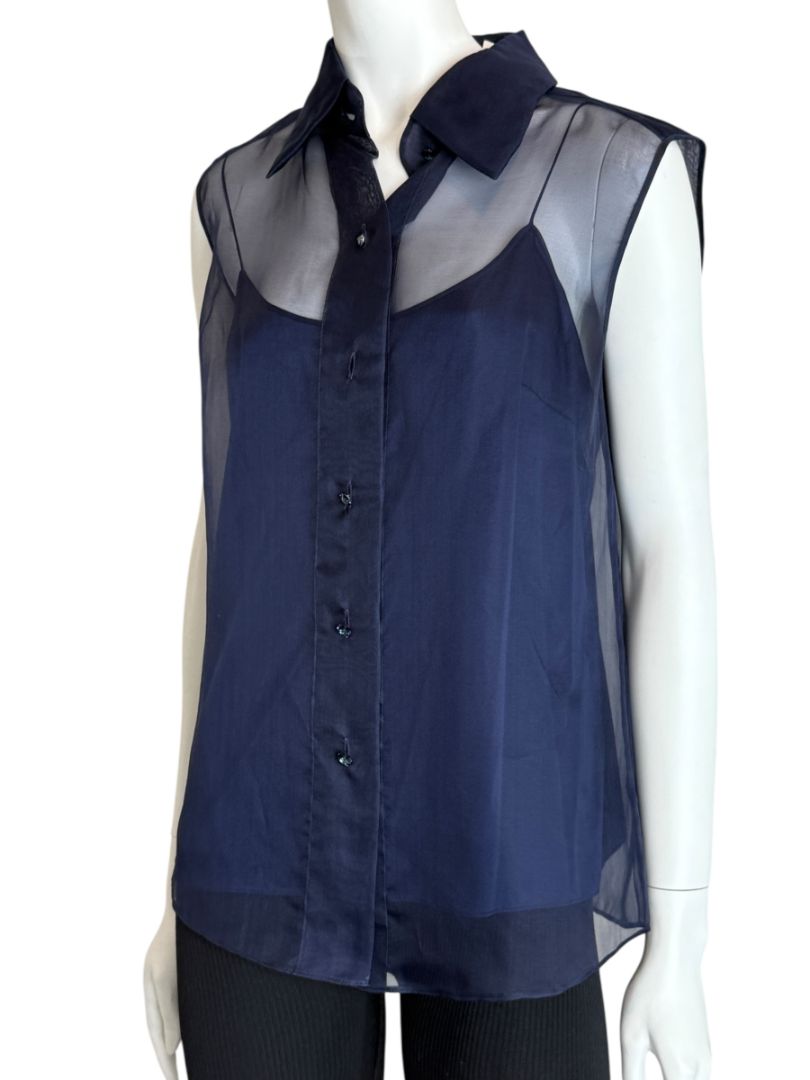 Pamella Roland Navy Organza Sleeveless Blouse with Jewel Buttons - Large