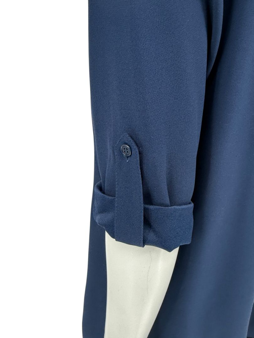 Akris Punto Navy Blue Viscose Acetate Tunic Dress Black Hem Roll Tab Sleeve - US 10