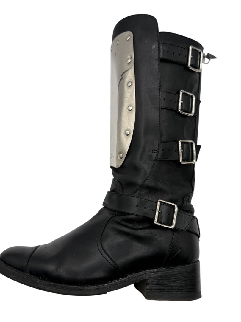 Chanel Black Leather Moto Boots with Silver Armor Plate – Size 40.5