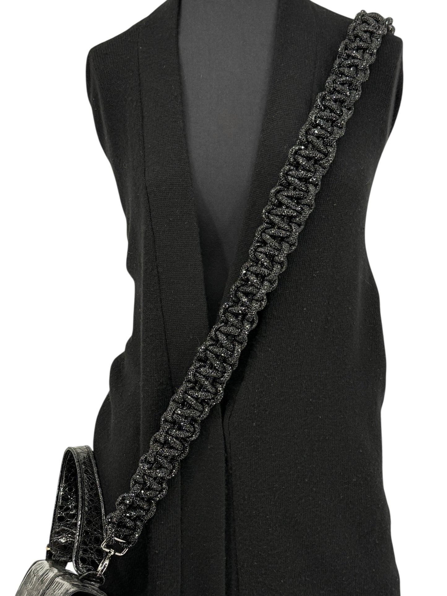 Black Glitter Macramé-Style Purse Strap – 2" Wide / 56" Long