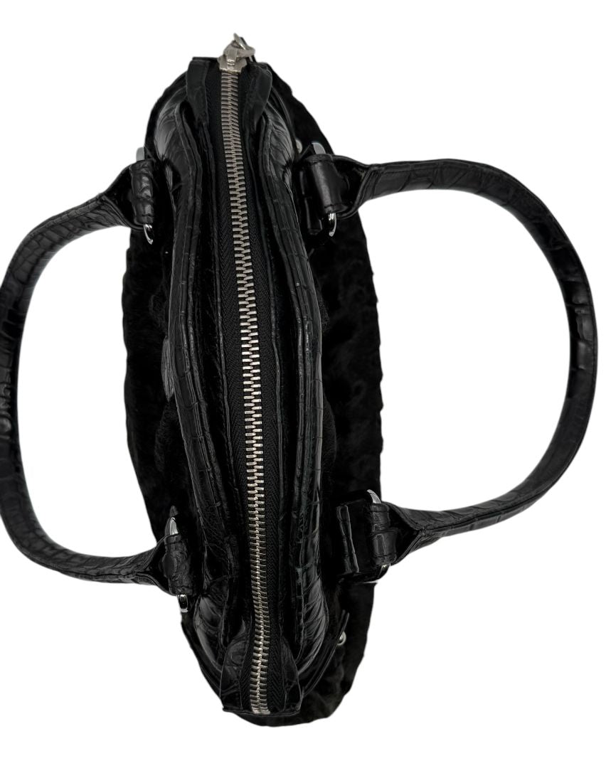 Darby Scott x Dennis Basso Black Faux Fur & Embossed Leather Satchel – Very Good Preowned Condition