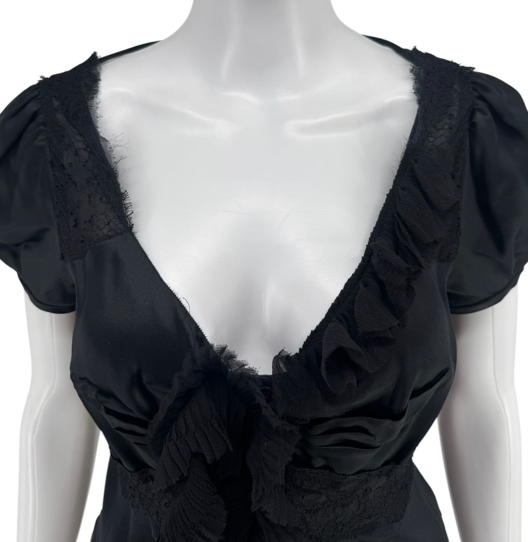 Prada Black Silk Lace Trim Ruffle Blouse – New with Tags – IT 40 / US 4