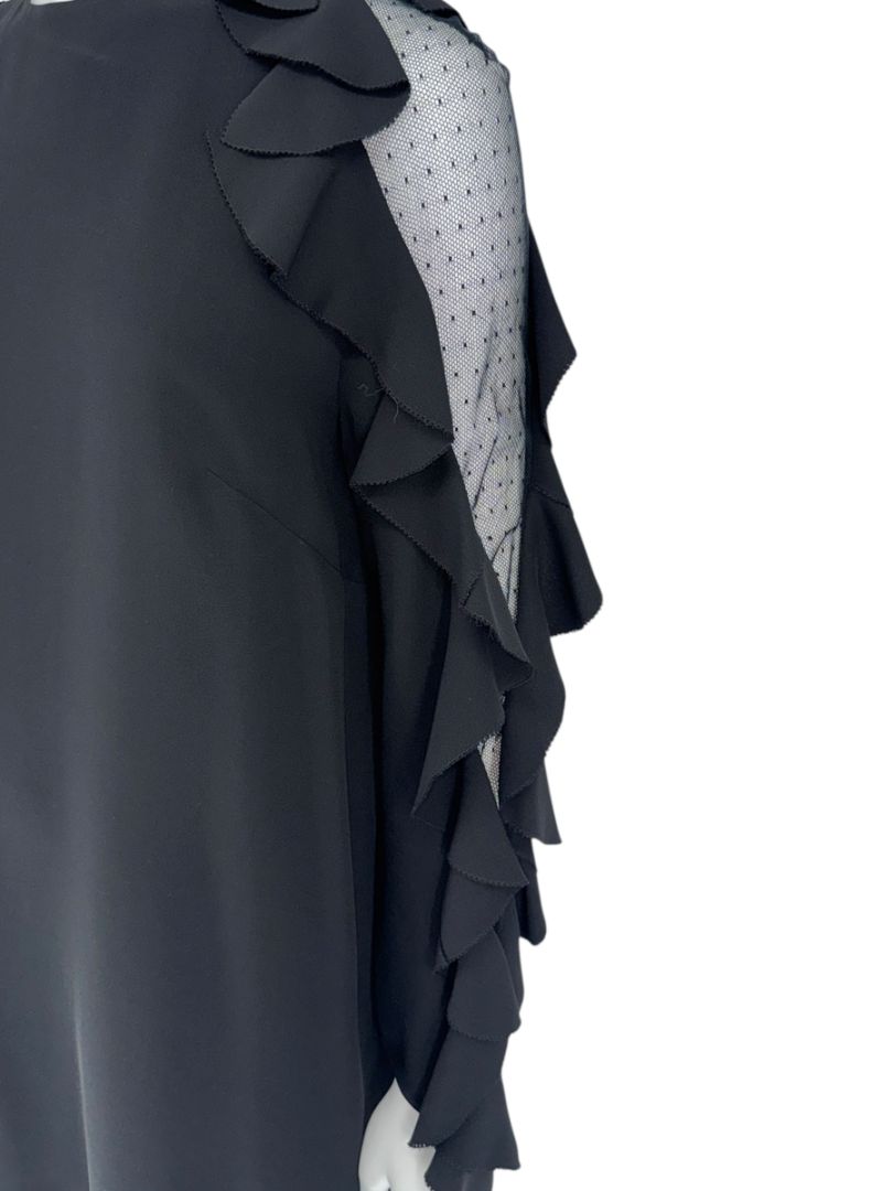 Valentino Black Long Sleeve Ruffle Mini Dress with Point d'Esprit Inset – Size US 10 / IT 46