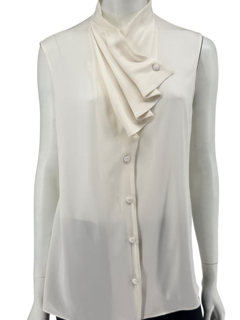 Giorgio Armani Ivory Silk Ruffle Front Sleeveless Blouse – Size 10