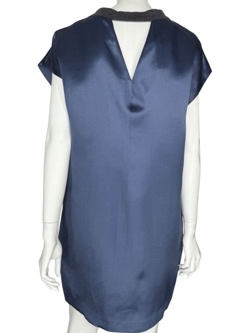 NWT Brunello Cucinelli Navy Silk Shift Dress with Contrast Trim – Size XL