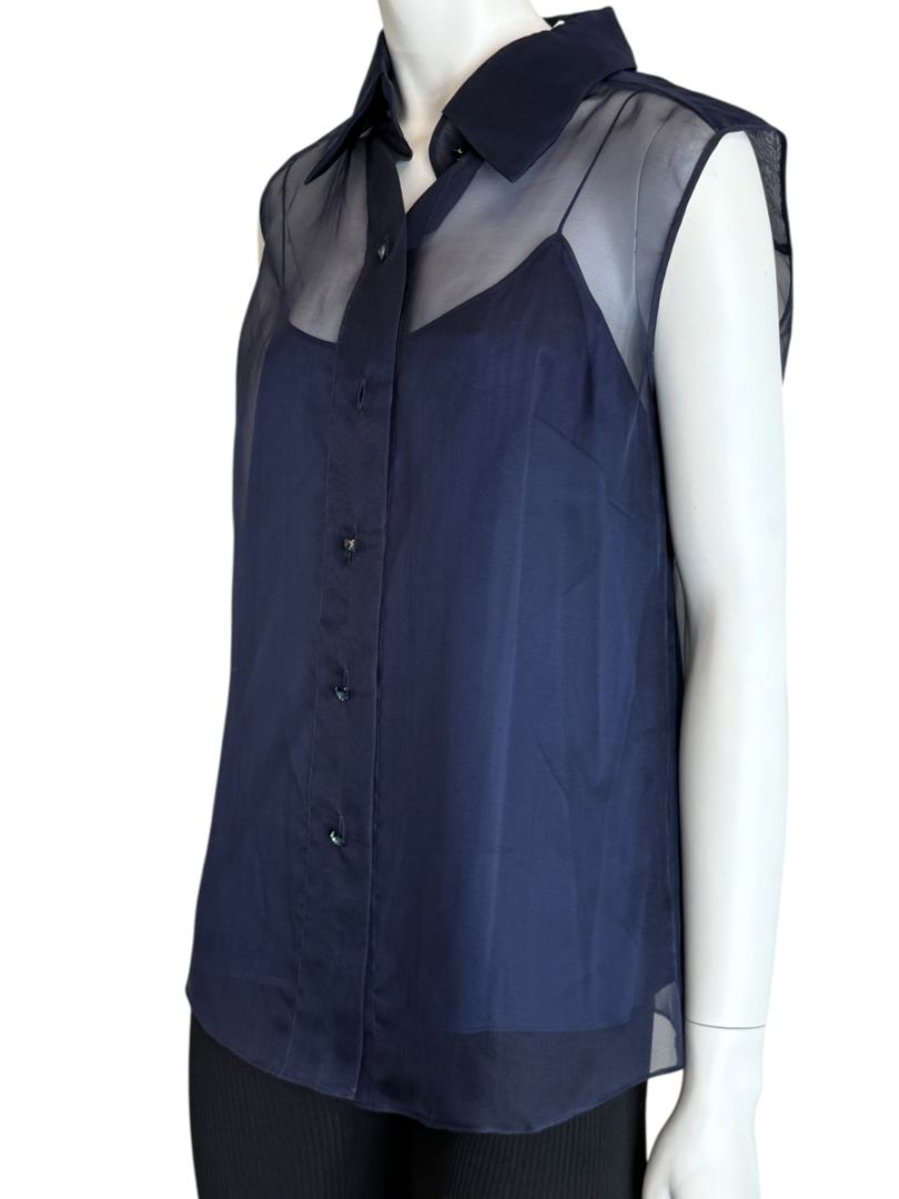 Pamella Roland Navy Organza Sleeveless Blouse with Jewel Buttons - Large