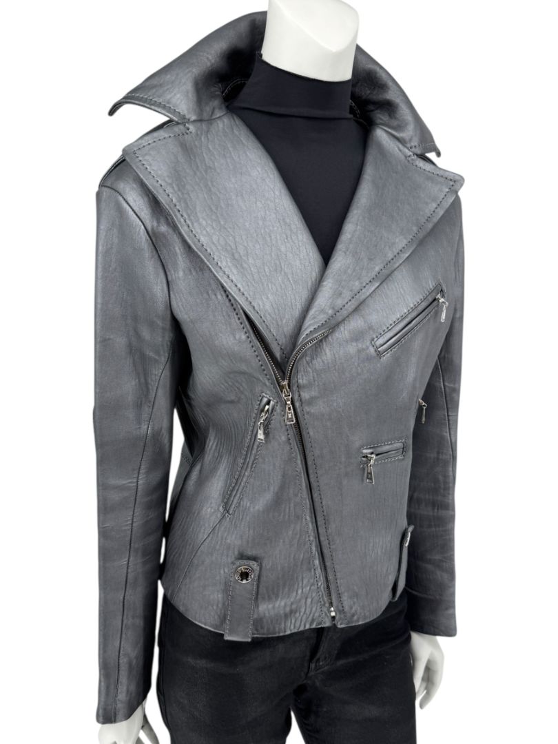 Louis Vuitton Metallic Grey Lambskin Moto Jacket – Size FR 40 (US 8)