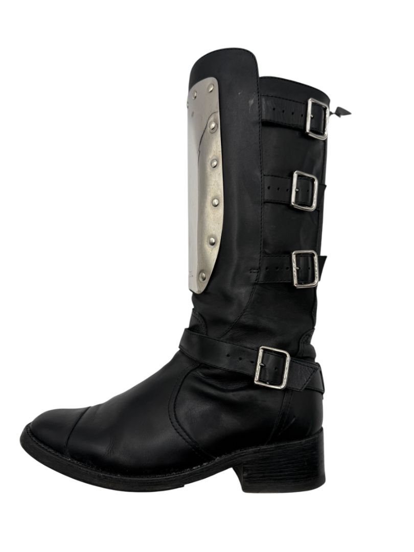 Chanel Black Leather Moto Boots with Silver Armor Plate – Size 40.5