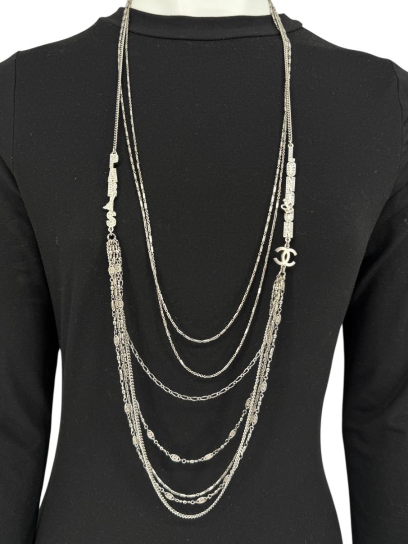Chanel Silver Multi-Strand “Paris London” Crystal Chain Necklace