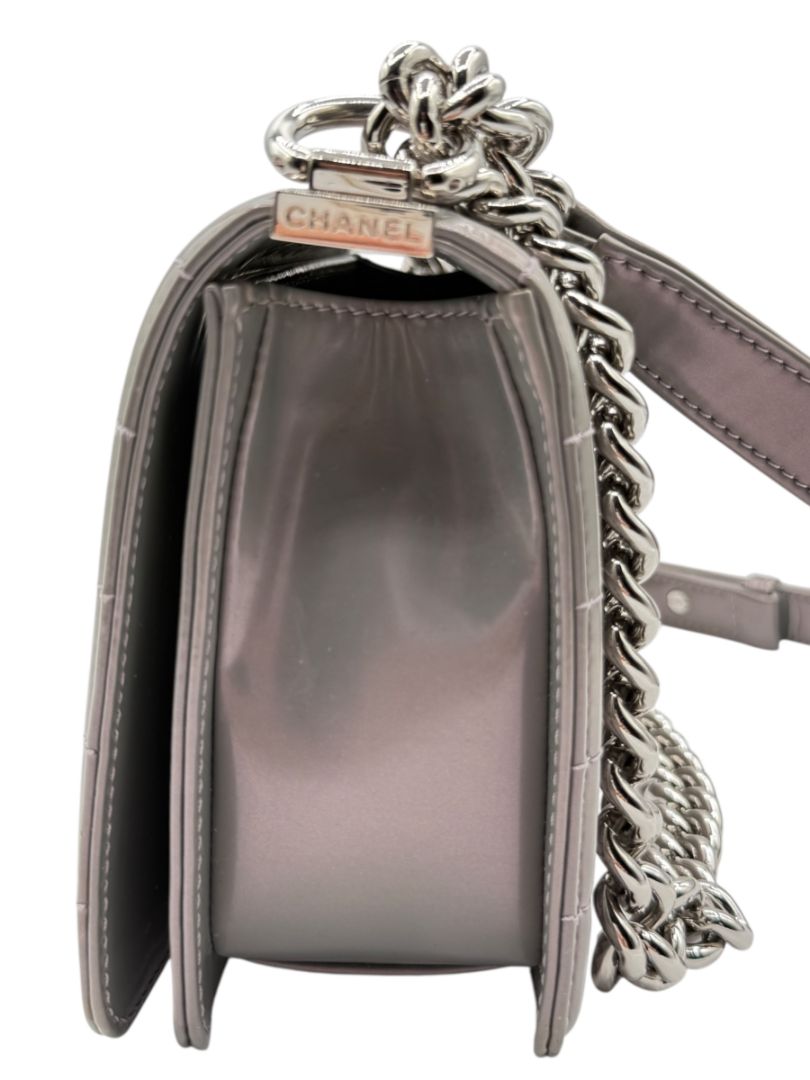 Chanel Lilac Iridescent Patent Calfskin Medium Boy Bag Silver Hardware w/ Box & Card