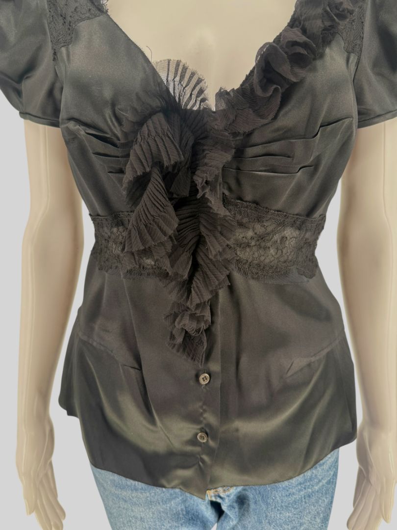 Prada Black Silk Lace Trim Ruffle Blouse – New with Tags – IT 40 / US 4