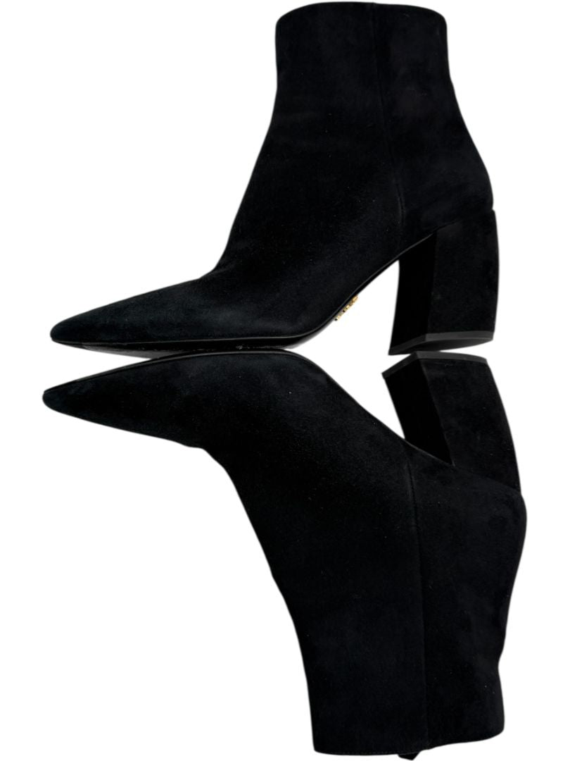 Prada Black Suede Pointed-Toe Booties – Size 39