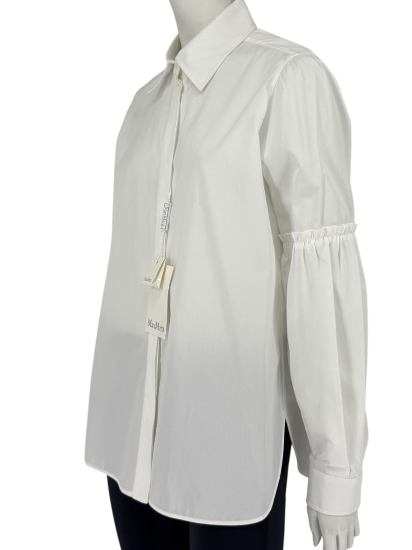 MaxMara White Cotton Blouse with Ruched Sleeves – Size US 12