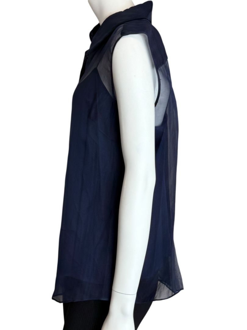 Pamella Roland Navy Organza Sleeveless Blouse with Jewel Buttons - Large