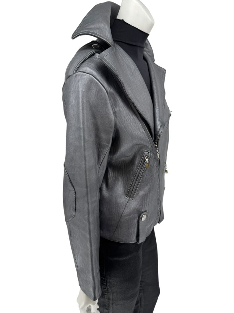 Louis Vuitton Metallic Grey Lambskin Moto Jacket – Size FR 40 (US 8)
