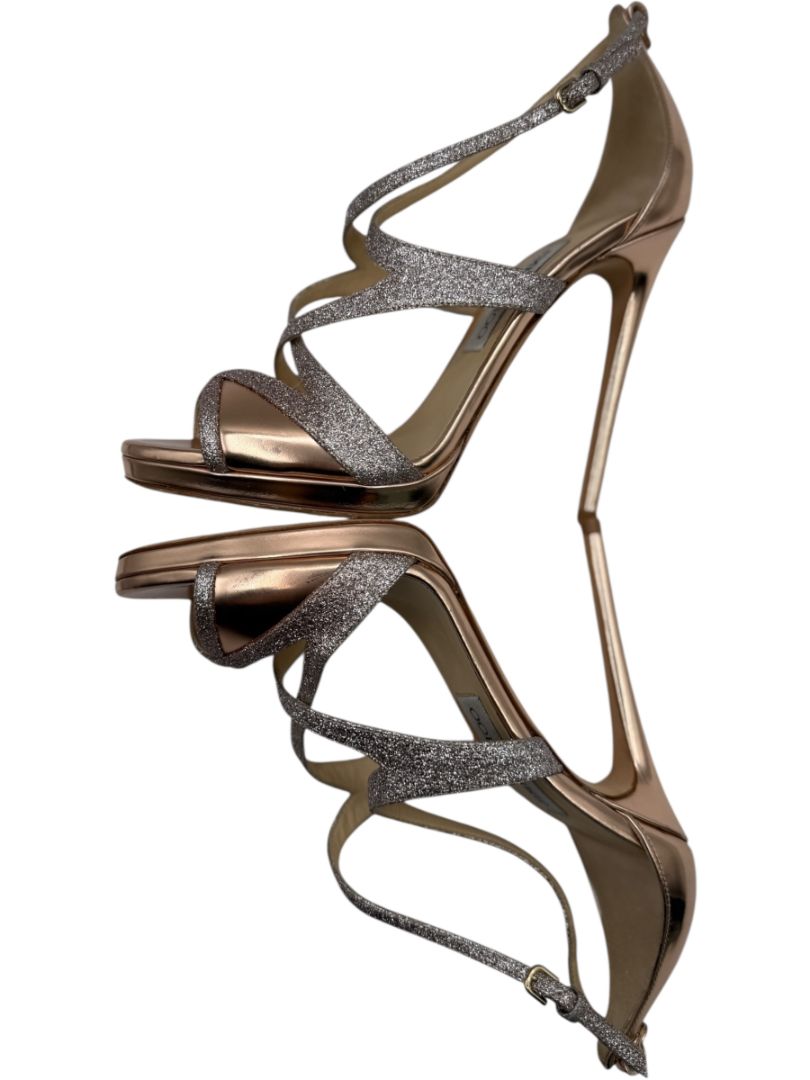 Jimmy Choo Metallic Rose Gold & Glitter Strappy Platform Sandals – Size 39