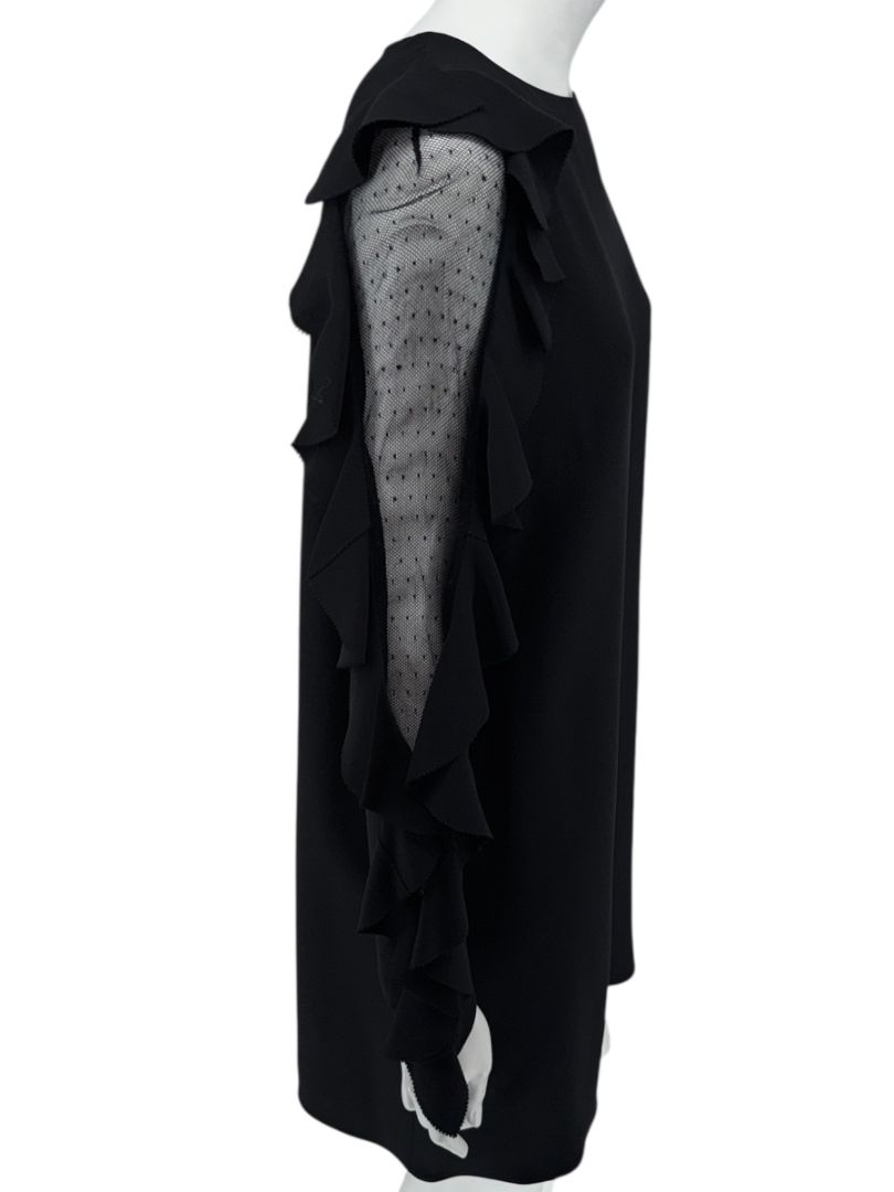 Valentino Black Long Sleeve Ruffle Mini Dress with Point d'Esprit Inset – Size US 10 / IT 46