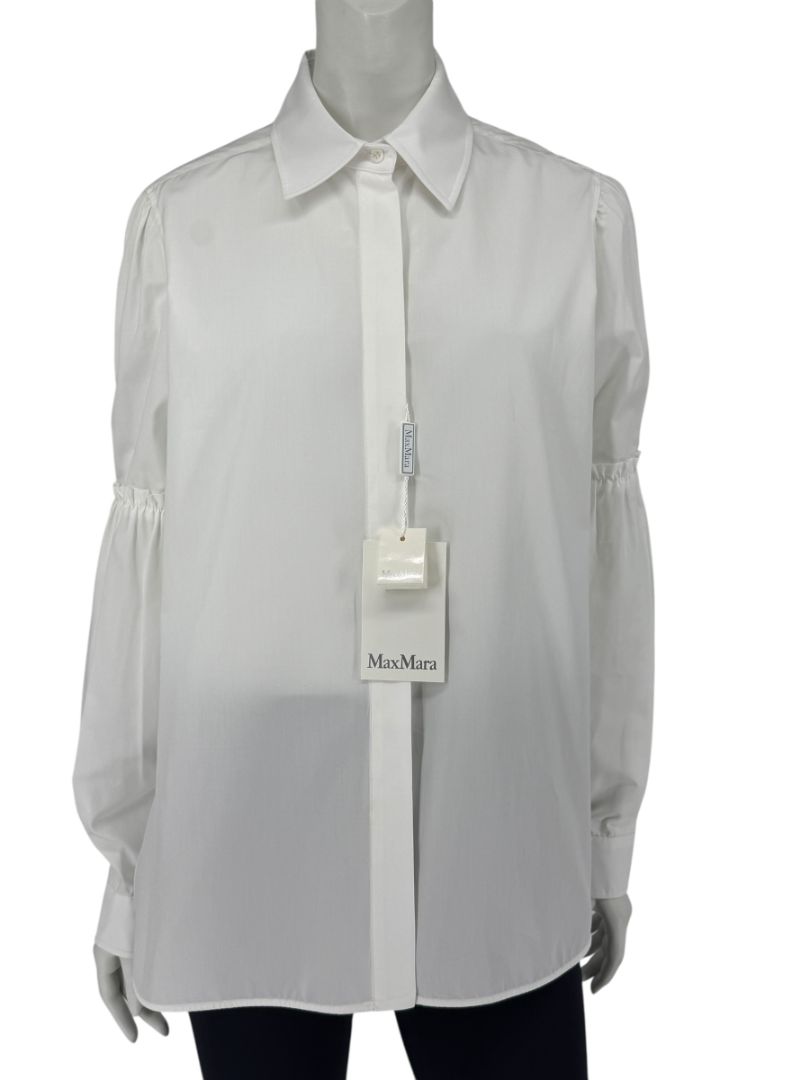 MaxMara White Cotton Blouse with Ruched Sleeves – Size US 12