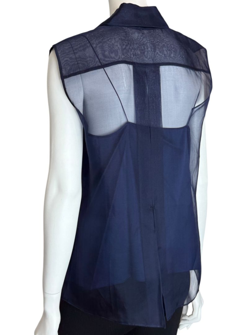 Pamella Roland Navy Organza Sleeveless Blouse with Jewel Buttons - Large