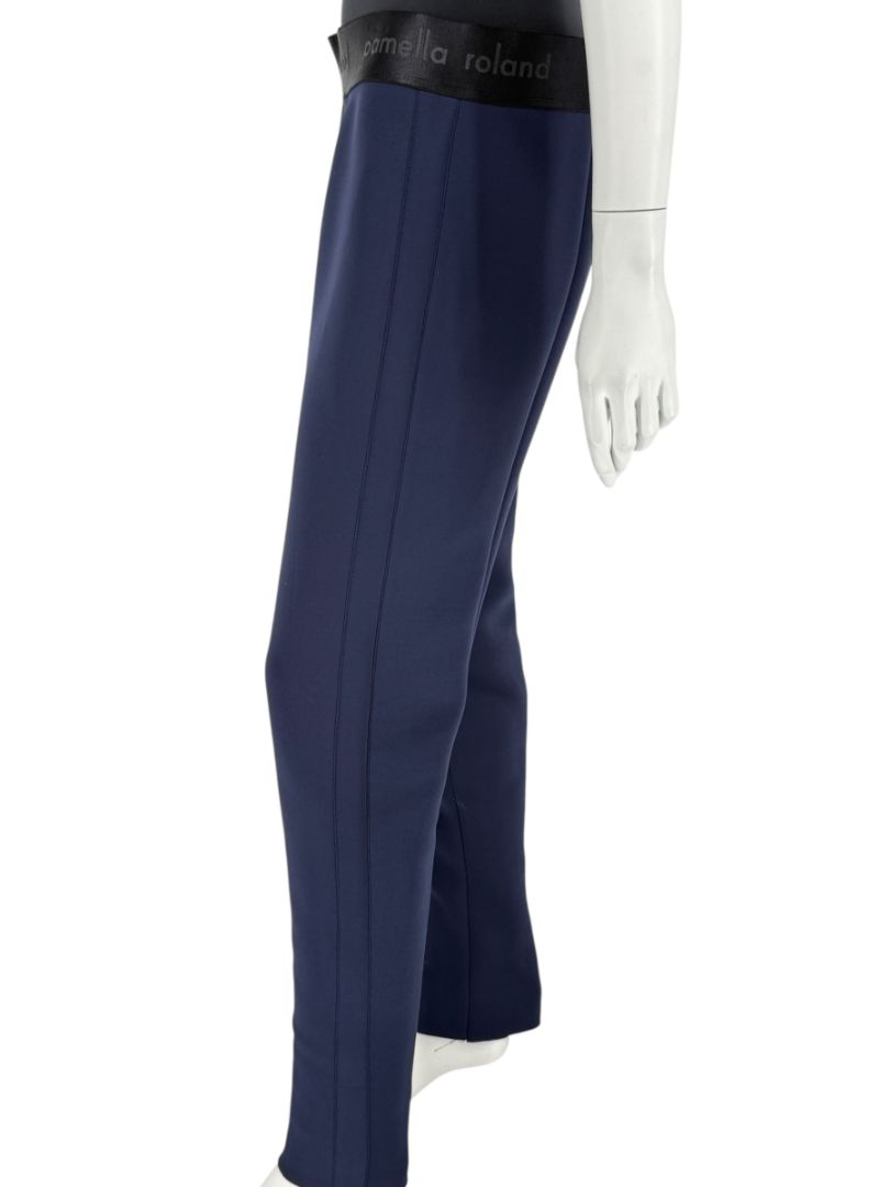 Pamella Roland Navy Slim-Leg Pants with Black Logo Waistband – Large