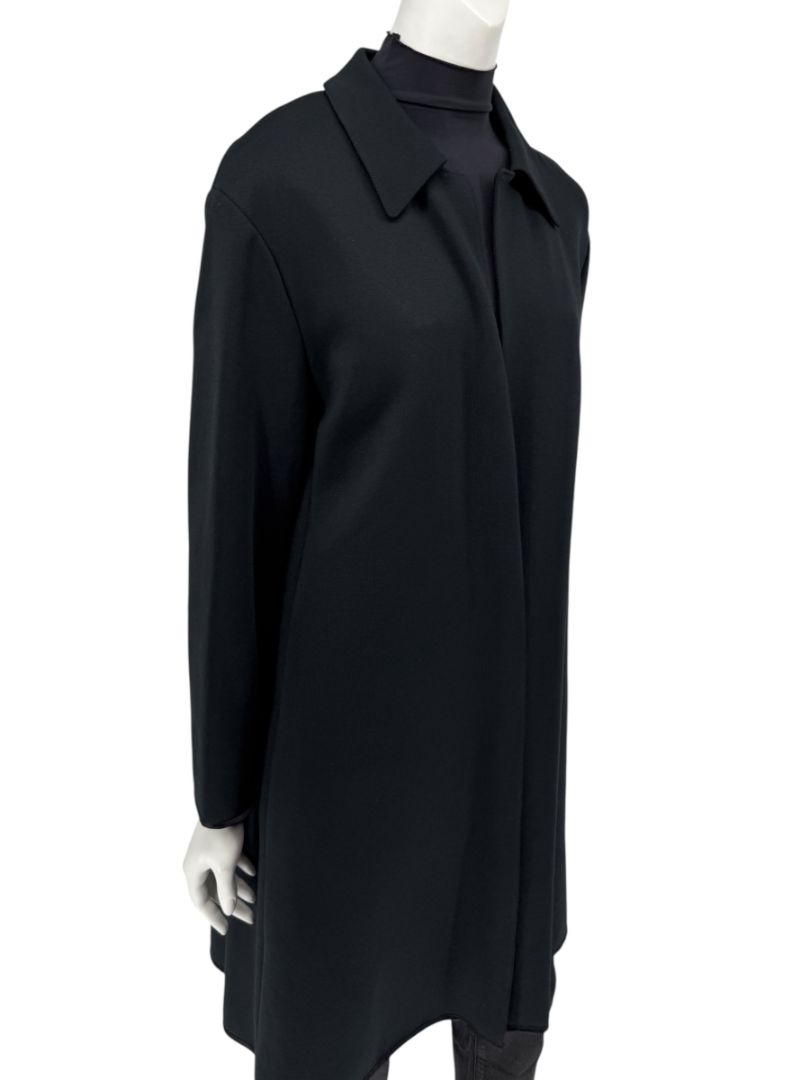 Pamella Roland Black Long Coat Minimalist Hidden Placket Shirt Collar - Large