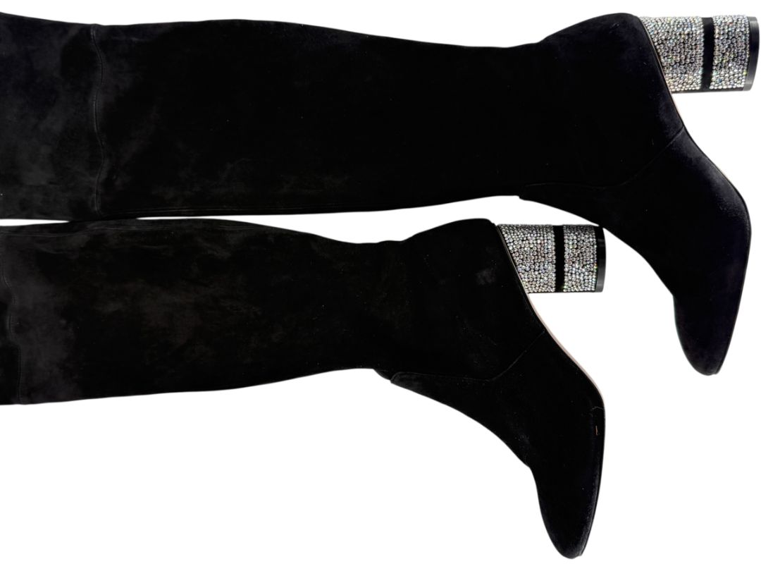 Stuart Weitzman Black Velvet Crystal Heel Over-the-Knee Boots – Size 9