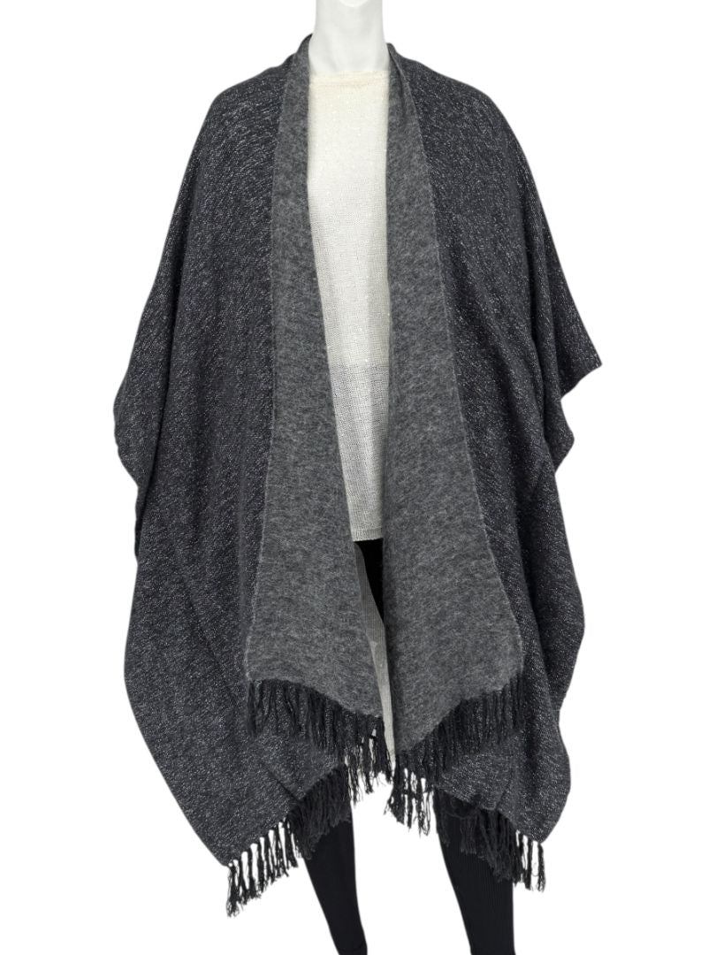 Brunello Cucinelli Grey Cashmere Alpaca Lurex Fringe Poncho – OS
