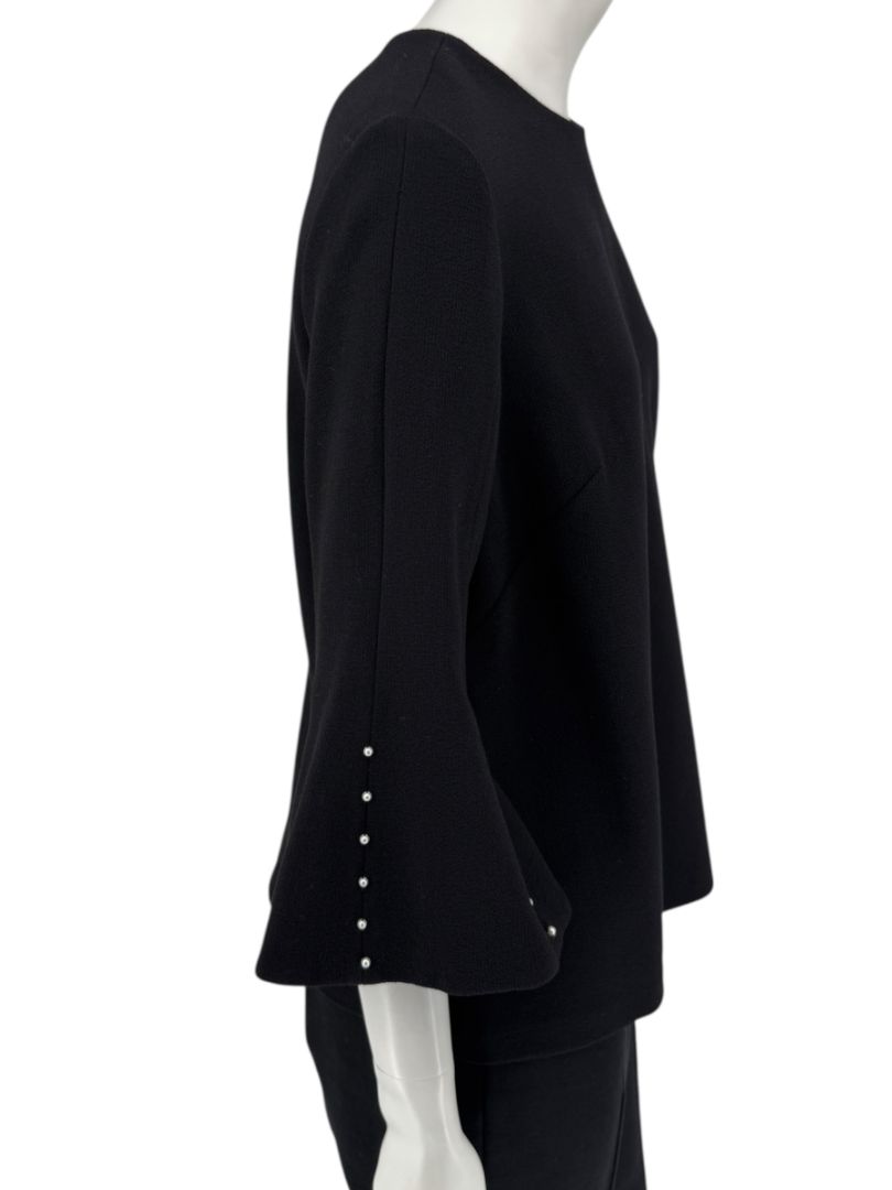 Lela Rose Black Wool-Blend Bell Sleeve Top with Pearl Trim – Size 6