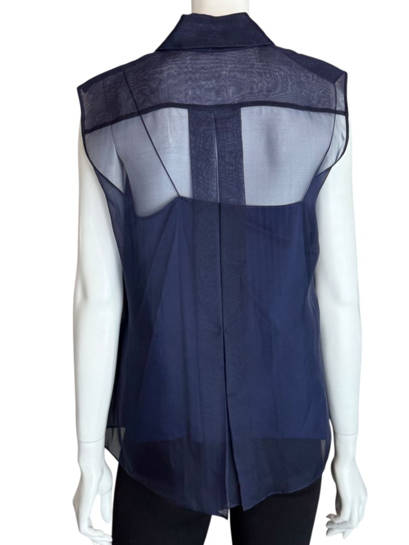 Pamella Roland Navy Organza Sleeveless Blouse with Jewel Buttons - Large