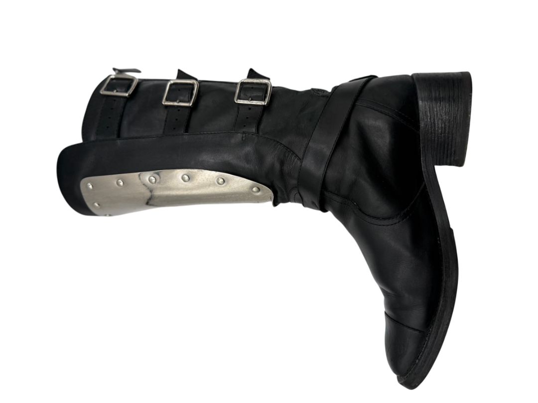 Chanel Black Leather Moto Boots with Silver Armor Plate – Size 40.5