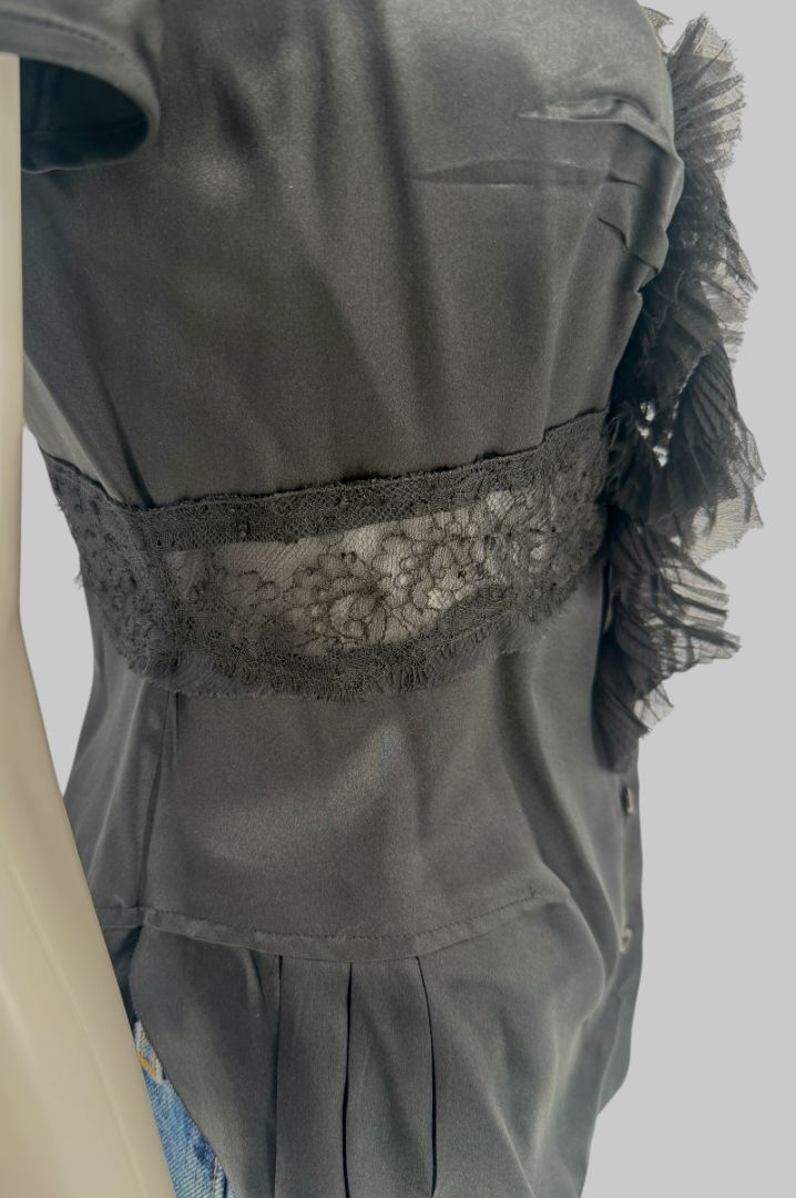 Prada Black Silk Lace Trim Ruffle Blouse – New with Tags – IT 40 / US 4