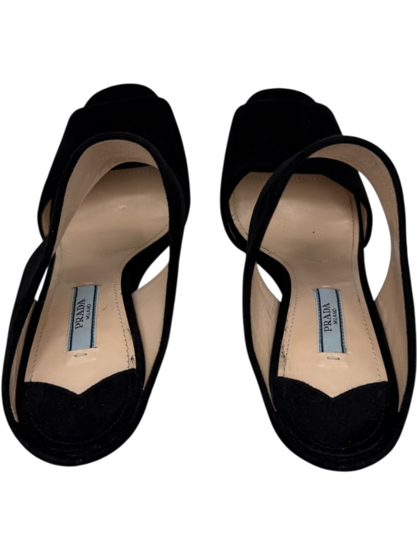 Prada Black Suede Cutout Wedge Sandals – Size 39