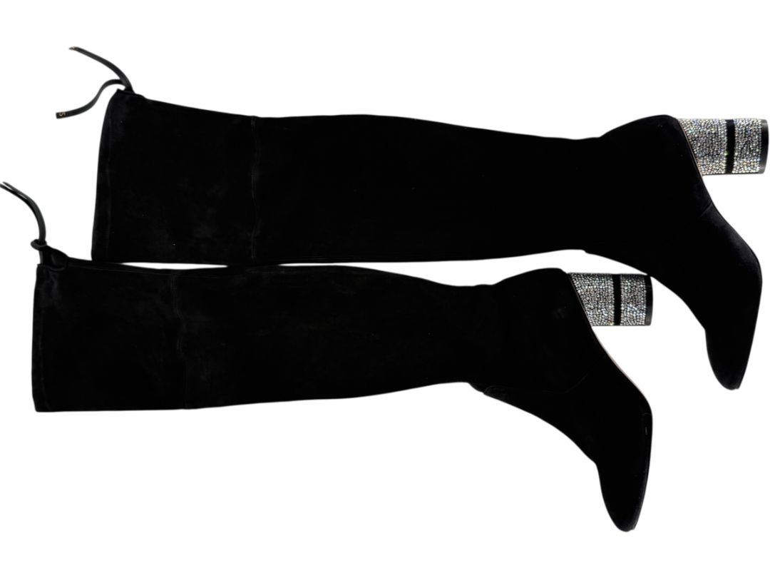 Stuart Weitzman Black Velvet Crystal Heel Over-the-Knee Boots – Size 9