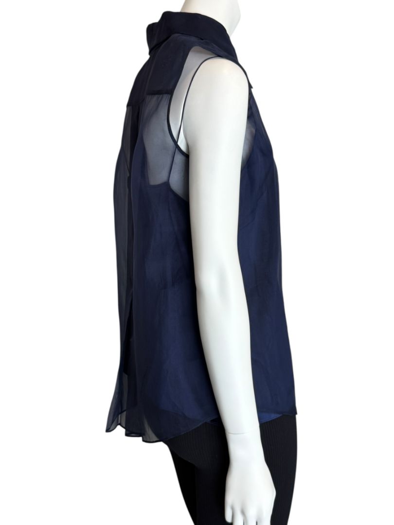 Pamella Roland Navy Organza Sleeveless Blouse with Jewel Buttons - Large